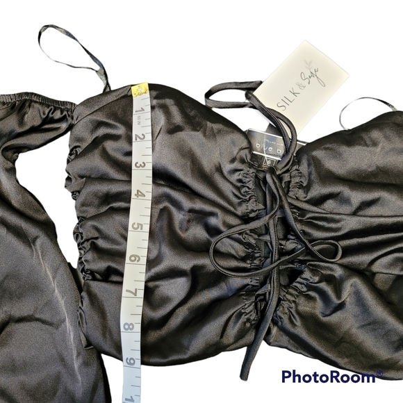 Blue Blush Black Satin Lace Up Tie Front Off The Shoulders Crop Top - Picture 9 of 10